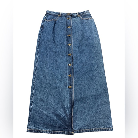 Eddie Bauer Women’s Size 10 Flannel Lined Denim Maxi Skirt Medium Wash Button - Picture 1 of 10